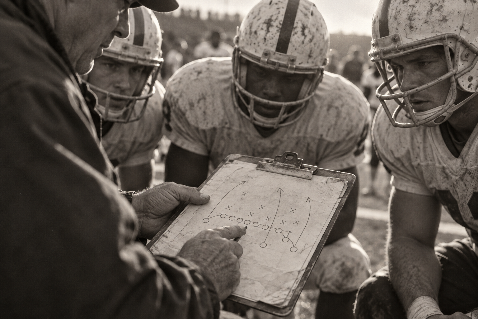 A coach and players working through their next play together