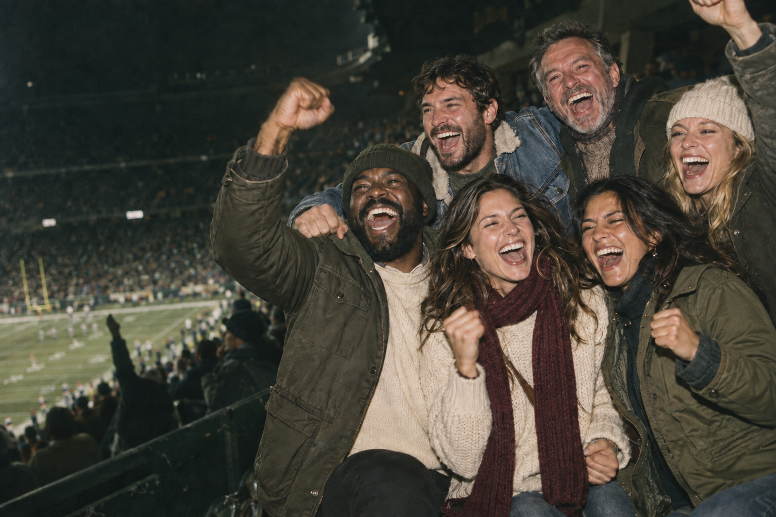 Friends cheering together in the football stands